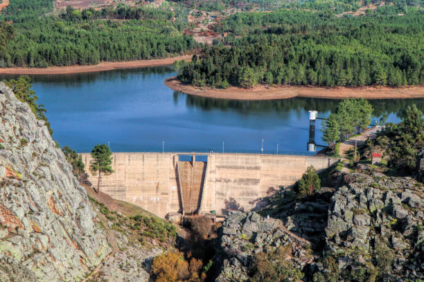 aerial view of a dam in portugal stock photo