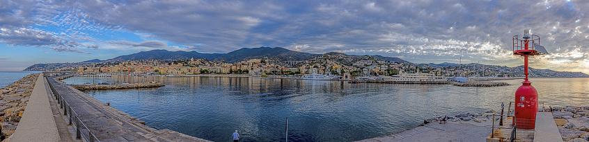 Panorama over the harbour of the Italian city of San Remo during sunrise in summer