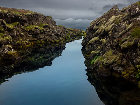 Awe-inspiring view of the Silfra a rift formed by the Mid-Atlantic Ridge as the North American and Eurasian tectonic plates diverge. Thingvellir National Park, Iceland