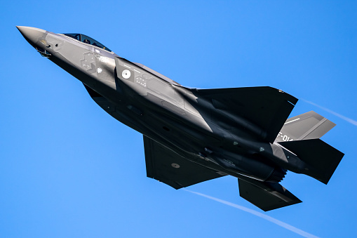 Lockheed Martin F-35 Lightning II stealth multirole combat aircraft from the Royal Netherlands Air Force taking off from Leeuwarden Air Base. October 7, 2021