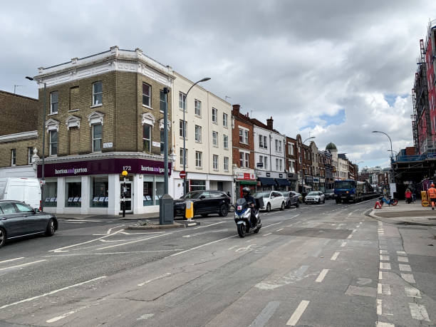 King street in Hammersmith view, a long popular street of shops and restaurants in West London, England, UK. Horizontal