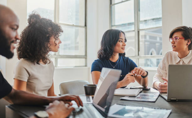 istock Business meeting, technology or corporate people planning, networking or collaboration for teamwork in office. Team, consulting or workers working with digital marketing or startup advertising agency 1430297918