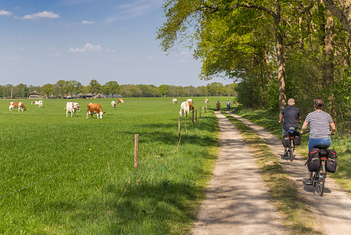 Couple riding their bicycle at a dirt road in Overijssel, Netherlands