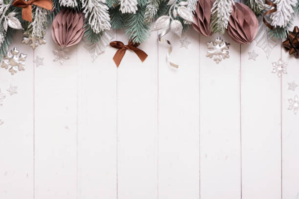 istock Christmas flat lay composition from pine, cones, balls on wooden background top view. Copy space 1430298865