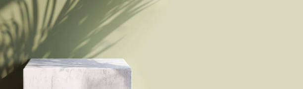 istock Elegant marble square pedestal table and with sunlight and tropical palm leaf shadow on green wall background 1430299846