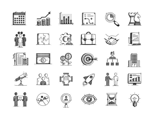 ilustrações de stock, clip art, desenhos animados e ícones de business planning hand drawn vector doodle line icon set" - flow chart strategy analyzing chart