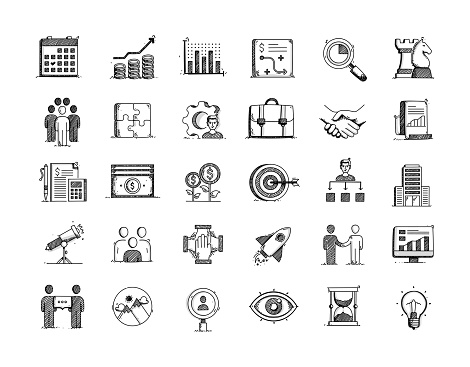 Business Planning Hand Drawn Vector Doodle Line Icon Set