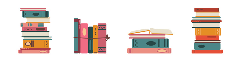 Set of Stacks and Piles of Books for Reading and Education. Vector Flat Illustration, Isolated on White, Cartoon.