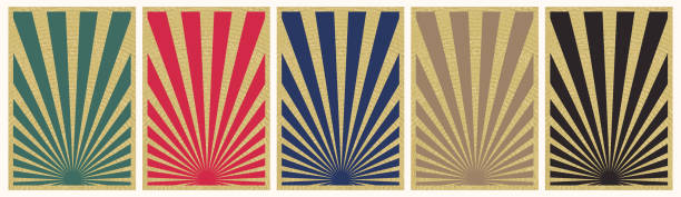 Set of Five, Retro Inspired Vertical Posters with Gold Foil Overlay, Different Sunburst Promo Background Templates. Minimalistic Sun Burst Comic Book Background Posters Collection. 5 Poster Templates for Social Media, Print, Home Decoration. Green, Red, Blue, Brown and Black Paper Collage Backdrops. cartoon of blue sky texture stock illustrations
