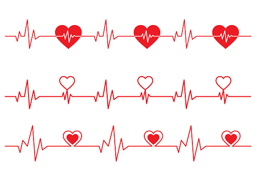 3d Illustration heart and ECG - EKG signal set, Heart Beat pulse line concept design isolated on white background Heartbeat line. Pulse trace. EKG and Cardio symbol. Healthy and Medical concept. Vector illustration.