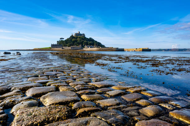 A path runs through a beach leading to Saint Michael's Mount