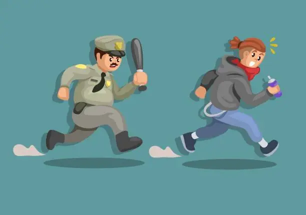 Vector illustration of Police chasing bad boy vandalism. criminal activity illustration vector