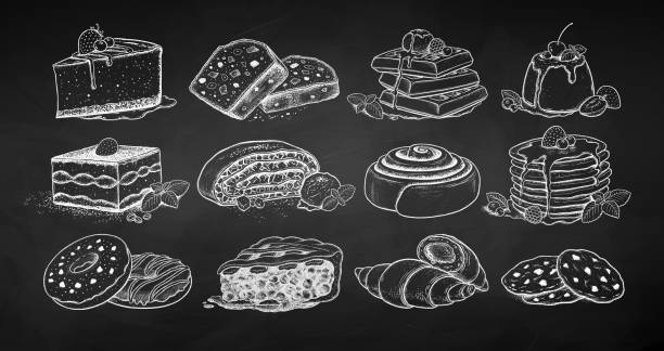 ilustrações, clipart, desenhos animados e ícones de conjunto de ilustrações vetoriais de giz de sobremesas e padaria - pastry croissant isolated bakery