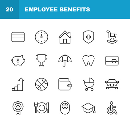 20 Employee Benefits Line Icons. Award, Bonus, Business, Business Travel, Cafeteria, Company Car, Corporate Business, Credit Card, Dental Insurance, Device, Discount, Education, Employee, Employee Benefits, Employer, Employment, Employment and Labor, Gift, Gift Card, Gym, Health Check, Health Insurance, Healthcare, Human Resources, Insurance, Maternity Leave, Meal Break, Mental Health, Paid Vacation, Pay Rise, Pension, People, Perks, Promotion, Protection, Recruitment, Remote Work, Retirement Plan, Salary, Savings, Social Security, Teamwork, Training, Vacation, Work from Home.