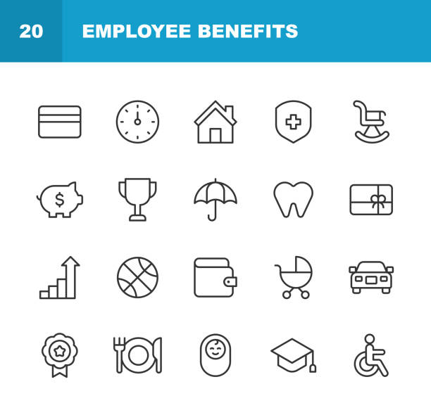 Employee Benefits Line Icons. Editable Stroke, Contains such icons as Bonus, Cafeteria, Car, Dental Insurance, Discounts, Gym, Health Insurance, Maternity Leave, Paid Vacation, Pension, Recruitment, Remote Work, Retirement Plan, Social Security. 20 Employee Benefits Line Icons. Award, Bonus, Business, Business Travel, Cafeteria, Company Car, Corporate Business, Credit Card, Dental Insurance, Device, Discount, Education, Employee, Employee Benefits, Employer, Employment, Employment and Labor, Gift, Gift Card, Gym, Health Check, Health Insurance, Healthcare, Human Resources, Insurance, Maternity Leave, Meal Break, Mental Health, Paid Vacation, Pay Rise, Pension, People, Perks, Promotion, Protection, Recruitment, Remote Work, Retirement Plan, Salary, Savings, Social Security, Teamwork, Training, Vacation, Work from Home. benefits stock illustrations