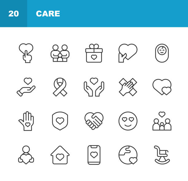 Care Line Icons. Editable Stroke, Contains such icons as Caregiver, Charity, Community, Disease, Donation, Family, Giving, Healthcare, Heart, Help, Love, Medicine, Mental Health, Nurse, Nursing House, Palm of Hand, Patient, Retirement, Senior, Support. vector art illustration