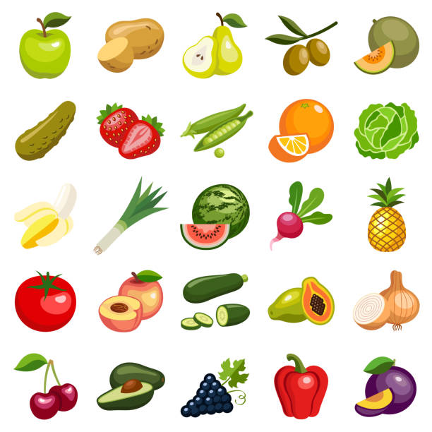 ilustrações de stock, clip art, desenhos animados e ícones de sustainable healthy fruit and vegetable icon collection - vector color illustration - market fruit strawberry farmers market