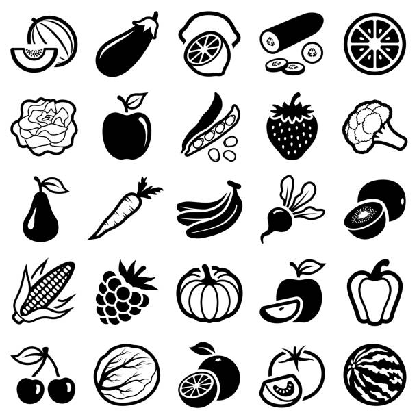 Sustainable healthy fruit and vegetable icon collection - vector outline illustration and silhouette Vector outline and silhouette illustration of sustainable healthy organic fruit and vegetables strawberry salad stock illustrations