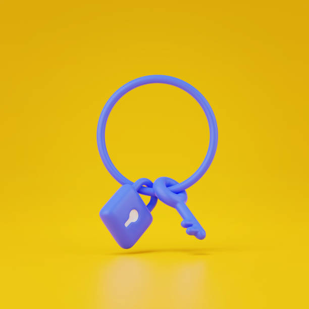 istock 3d render of padlock with key isolated on orange. 1430320543
