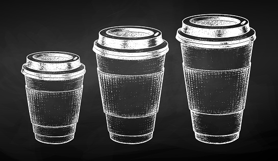 Vector chalk vintage illustration of coffee and tea paper cups in three sizes isolated on chalkboard background