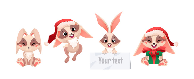 istock Set of cute Christmas rabbits. Bunny in Santa hat and gift box isolated on white background. Happy Chinese new year 2023 concept. Vector cartoon illustration for greeting cards, posters, banners 1430326916