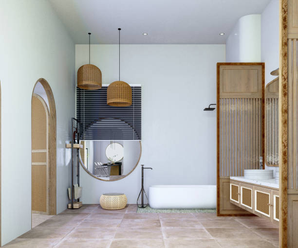 istock 3d rendering,3d illustration, Interior Scene and  Mockup,3d rendering,3d illustration, Interior Scene and Mockup,bathroom industrial style render 3d,white wall decoration material wood,natural wood. 1430326935