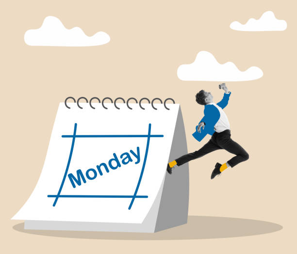 istock Happy businessman before work week with planner or calendar showing Monday. Creative art collage about successful business. 1430327454