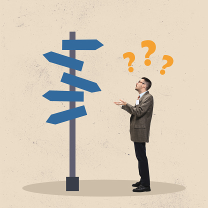 Difficult choice. Creative art collage or design. Office worker standing near road sign and has question mark at his mind, head. Choosing strategy for achieving goal. Concept of business, career
