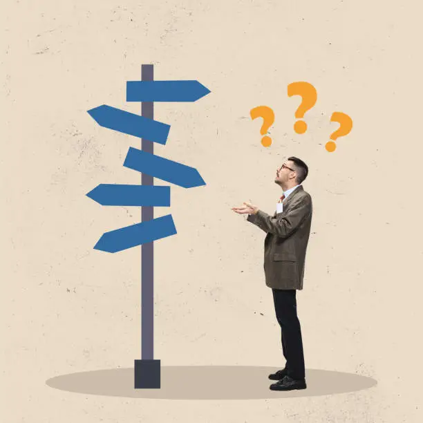 Photo of Difficult choice. Creative art collage or design. Office worker standing near road sign and has question mark at his mind, head. Rights, achievements, goal