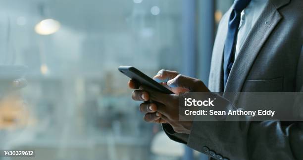 Hands Phone And Communication With A Business Man Networking Online With 5g Mobile Technology Internet Email And Connectivity With A Male Employee Sending A Text Message Or Chatting At Night Stock Photo - Download Image Now