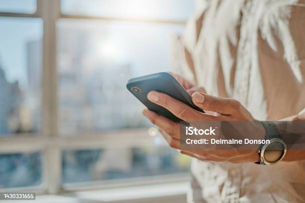 Hand Typing On Smartphone Social Media Manager Working In City Office Building And Contact Us On Digital Communication Man Posting Online Career Check Wifi Application And Reading Business Email Stock Photo - Download Image Now