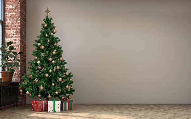 istock Empty unfurnished nostalgic retro living room with a white plaster wall and partly ruined brick wall and Christmas decoration 1430334317