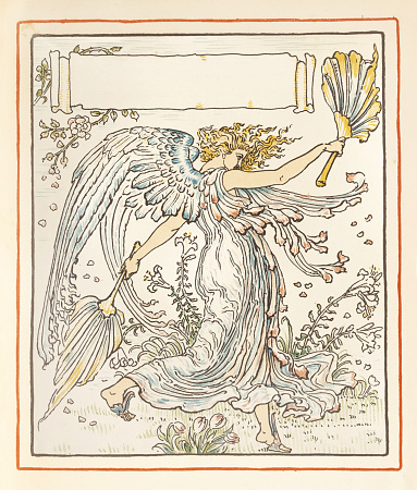 Angel celebrating springtime Art nouveau design book illustration 1899
Original edition from my own archives
Source : Queen Summer or The journey of the Lily and the rose - Walter Crane 1899
Walter Crane ( 15 August 1845  14 March 1915 ) was an English artist and book illustrator. He is considered to be the most influential, and among the most prolific, children's book creators of his generation.