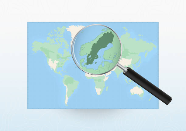 bildbanksillustrationer, clip art samt tecknat material och ikoner med map of the world with a magnifying glass aimed at sweden, searching sweden with loupe. - stockholm fotografiska