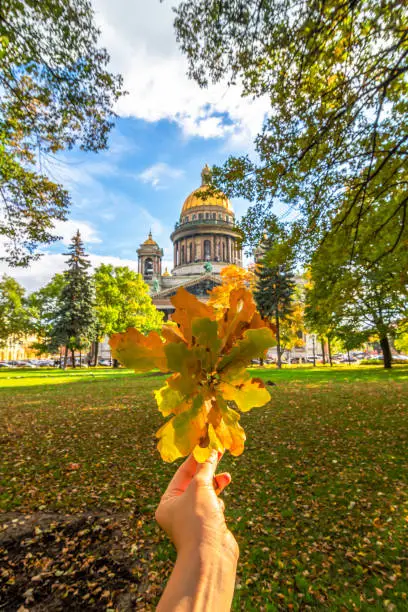 Autumn Petersburg. A branch of autumn leaves in a hand against the background of St. Isaac's Cathedral, St. Petersburg, Russia