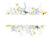 istock Watercolor painted floral strip frame on white background. Blue and yellow wild flowers, branches, leaves and twigs. 1430339208