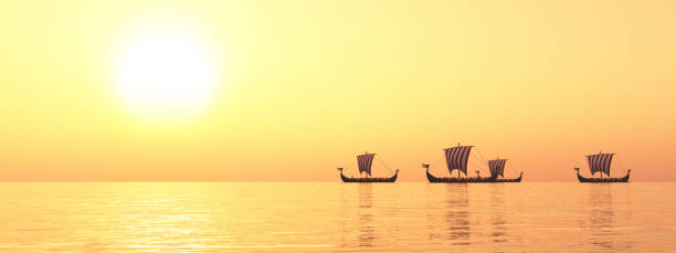 istock Viking ships in the distance at sunset 1430339426