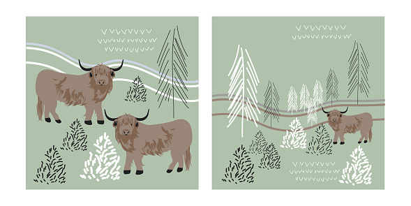 Seamless Pattern with Highland Cows, Pine-tree, Bushes, Hills. Scottish Nature Landscape Concept. Perfect for Kids Fabric, Card, Banner,  Textile, Wallpaper. Vector illustration