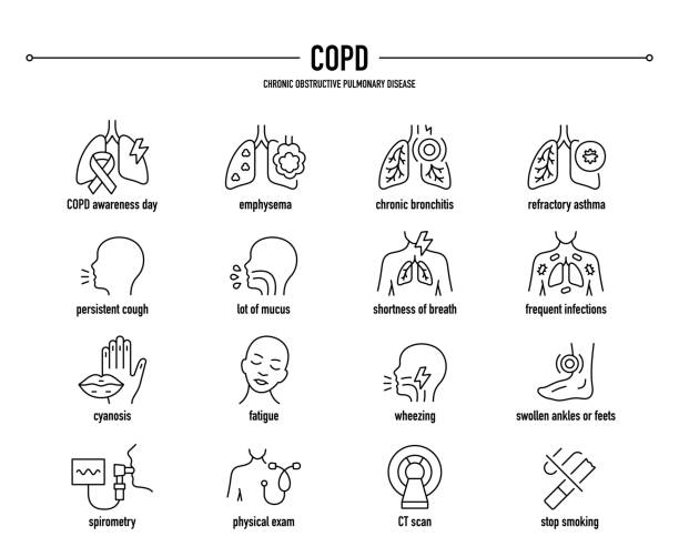 COPD, Chronic obstructive pulmonary disease vector icon set COPD, Chronic obstructive pulmonary disease symptoms, diagnostic, prevention icon set. Line editable medical icons. respiratory tract stock illustrations