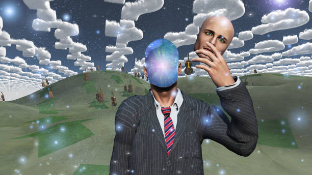 istock Man removes face shows inner space in landscape with question shaped clouds and many cellos 1430341141