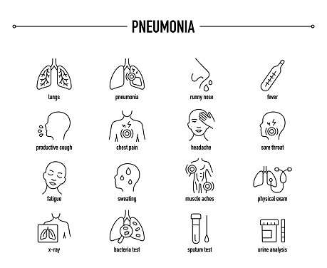 Pneumonia symptoms and diagnostic icon set. Line editable medical icons.