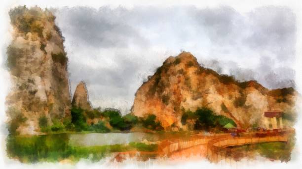 istock landscape of mountains and mountain ranges watercolor style illustration impressionist painting. 1430343112