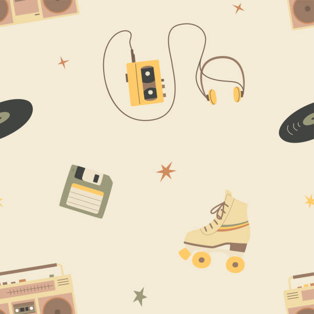 ilustrações de stock, clip art, desenhos animados e ícones de seamless pattern of objects from the past, roller skates, vinyl record, tape recorder, music player and other. - tussock