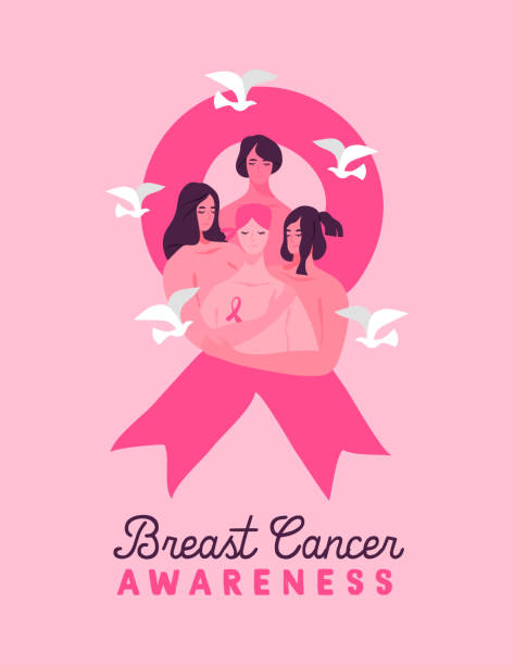 Breast cancer awareness card women friends hug Breast cancer awareness month greeting card, beautiful survivor woman inside pink ribbon hugging girl friends as support. Flat cartoon design for health care campaign or soldarity concept. beast cancer awareness month stock illustrations