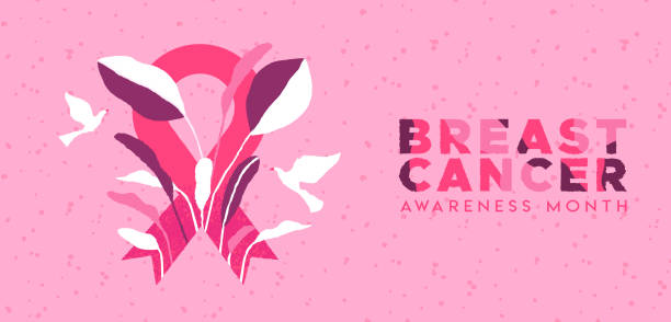 breast cancer month banner tropical leaf ribbon - beast cancer awareness month stock illustrations