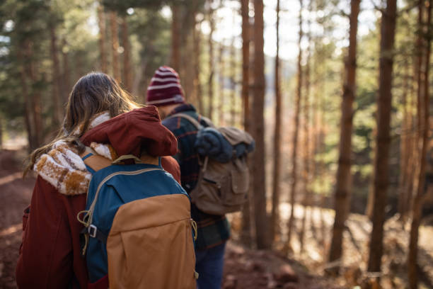 istock Young couple walking together on a forest hiking trip 1430346594