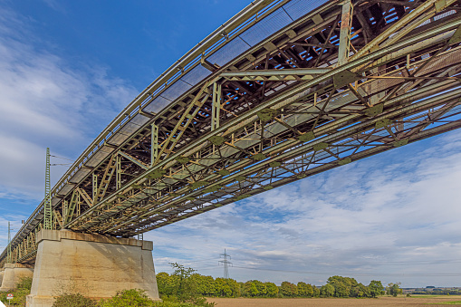 Panoramic view of an old steel railway bridge during the day in summer