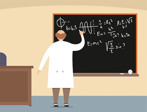 A scientist wearing a lab coat standing in front of a chalk board with a complicated calculation.