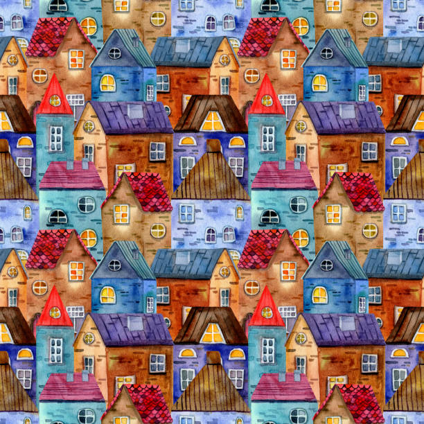 istock Watercolor Seamless pattern with hand drawn medieval houses. Stone house. Old Europe town street view. 1430351222