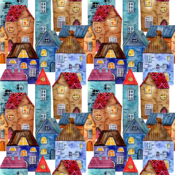 istock Watercolor Seamless pattern with hand drawn medieval houses. Stone house. Old Europe town street view. 1430351280